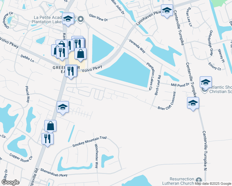 map of restaurants, bars, coffee shops, grocery stores, and more near 1400 Shortleaf Lane in Chesapeake