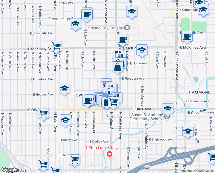 map of restaurants, bars, coffee shops, grocery stores, and more near in Fresno