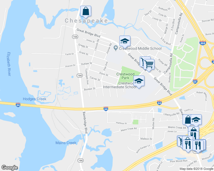 map of restaurants, bars, coffee shops, grocery stores, and more near 404 Booker Street in Chesapeake