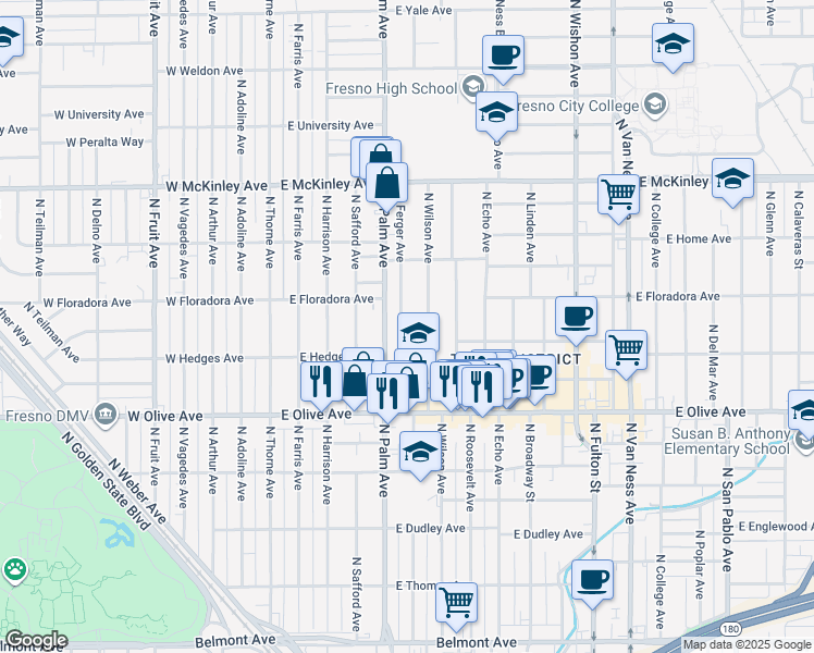 map of restaurants, bars, coffee shops, grocery stores, and more near 1350 North Ferger Avenue in Fresno