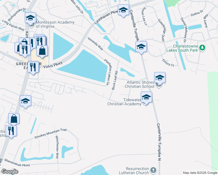map of restaurants, bars, coffee shops, grocery stores, and more near 1322 Plantation Lakes Circle in Chesapeake
