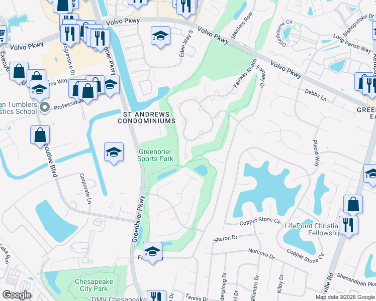 map of restaurants, bars, coffee shops, grocery stores, and more near 1005 Shoal Creek Trail in Chesapeake
