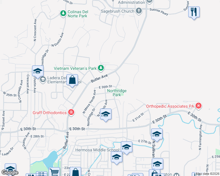 map of restaurants, bars, coffee shops, grocery stores, and more near 1301 East 36th Street in Farmington
