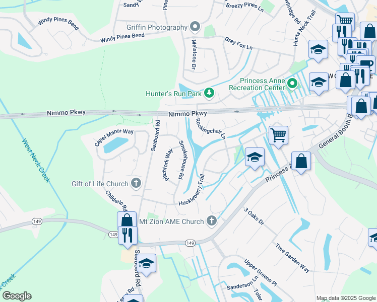 map of restaurants, bars, coffee shops, grocery stores, and more near 2464 Smokehouse Road in Virginia Beach