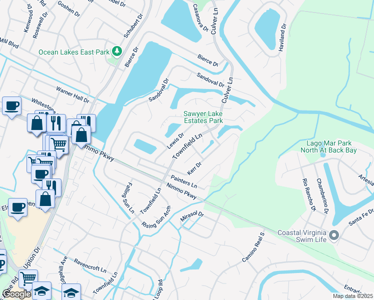 map of restaurants, bars, coffee shops, grocery stores, and more near 2056 Townfield Lane in Virginia Beach