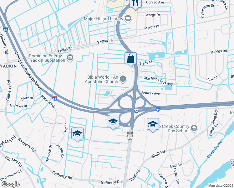 map of restaurants, bars, coffee shops, grocery stores, and more near 532 Happy Acres Rd in Chesapeake