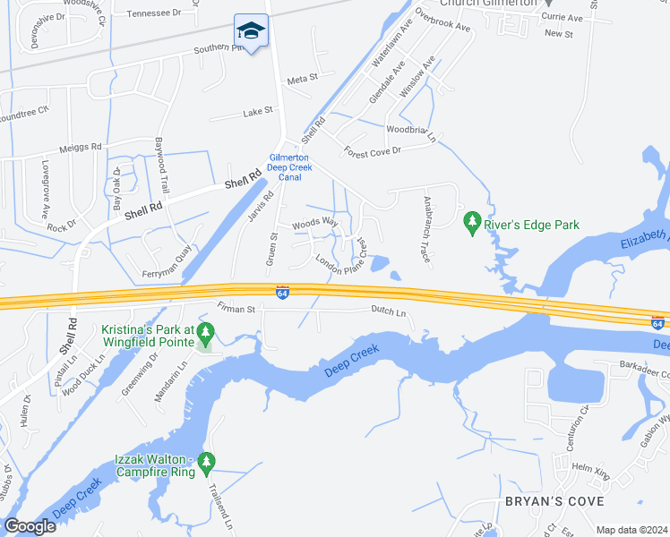map of restaurants, bars, coffee shops, grocery stores, and more near 1230 London Plane Crest in Chesapeake