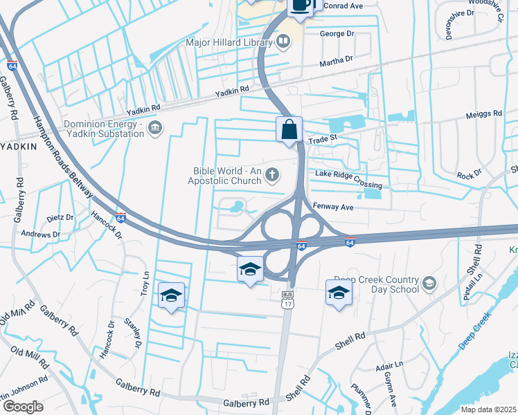 map of restaurants, bars, coffee shops, grocery stores, and more near 532 Happy Acres Rd in Chesapeake