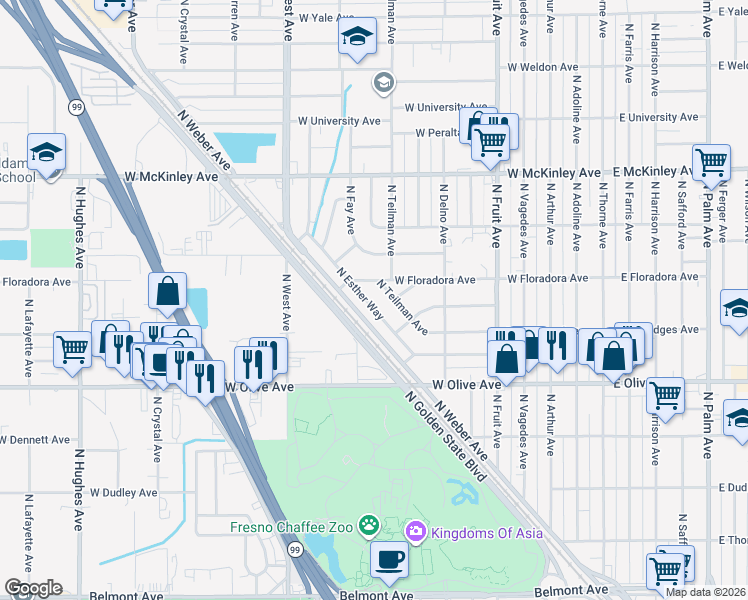 map of restaurants, bars, coffee shops, grocery stores, and more near 1354 North Esther Way in Fresno