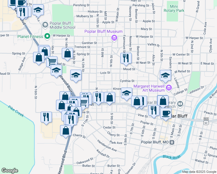 map of restaurants, bars, coffee shops, grocery stores, and more near 905 Kinzer Street in Poplar Bluff