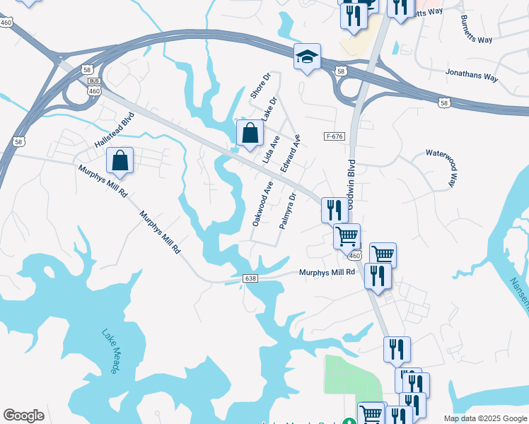 map of restaurants, bars, coffee shops, grocery stores, and more near 206 Oakwood Avenue in Suffolk