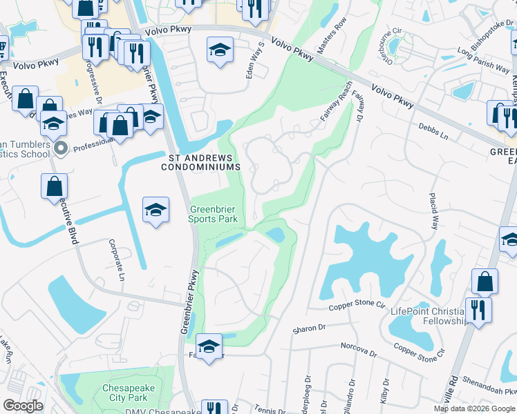 map of restaurants, bars, coffee shops, grocery stores, and more near 1005 Shoal Creek Trail in Chesapeake