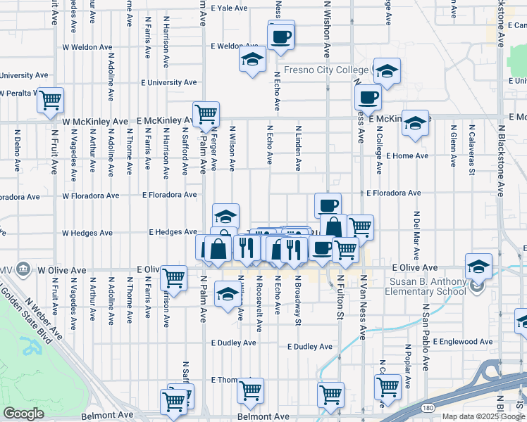 map of restaurants, bars, coffee shops, grocery stores, and more near 1347 North Echo Avenue in Fresno