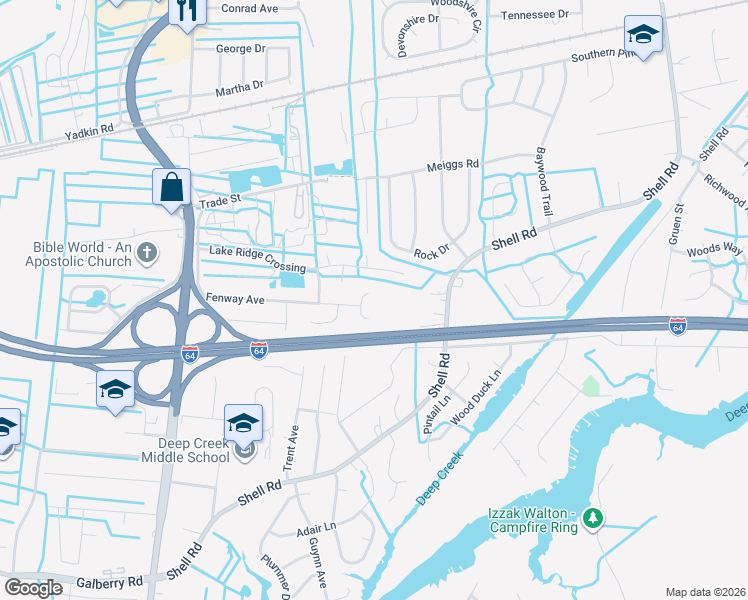 map of restaurants, bars, coffee shops, grocery stores, and more near 617 Wooddale Court in Chesapeake