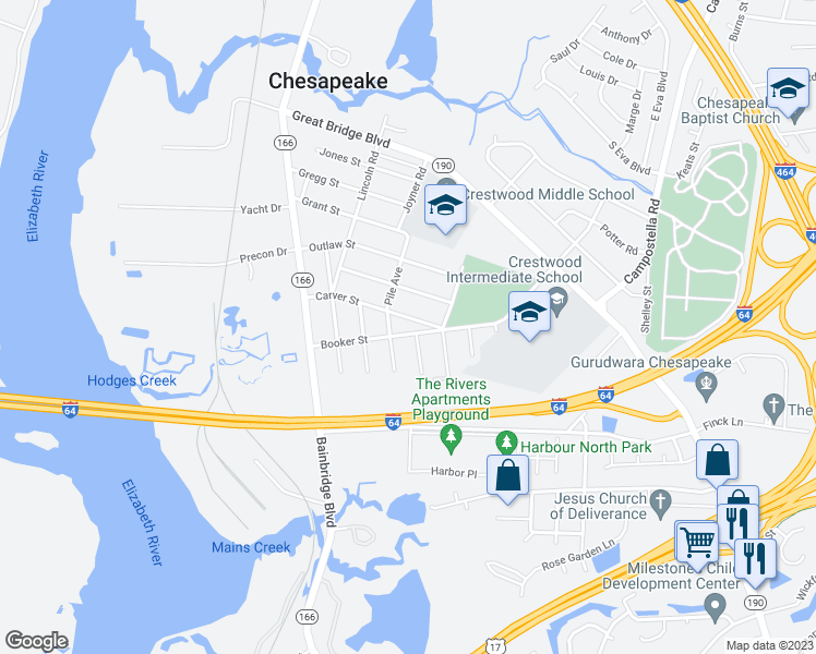 map of restaurants, bars, coffee shops, grocery stores, and more near 311 Carver Street in Chesapeake
