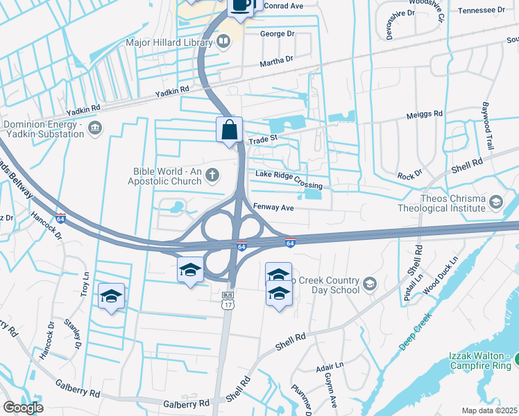 map of restaurants, bars, coffee shops, grocery stores, and more near 2741 Fenway Avenue in Chesapeake