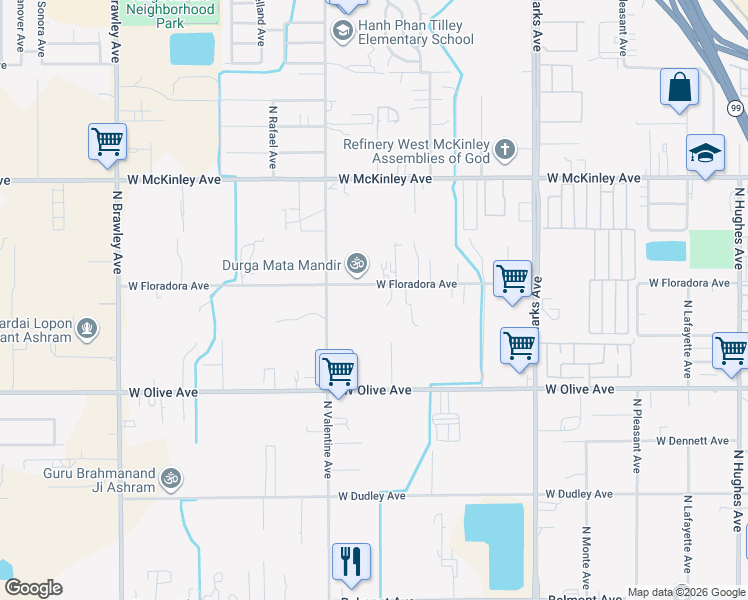map of restaurants, bars, coffee shops, grocery stores, and more near 3315 West Floradora Avenue in Fresno