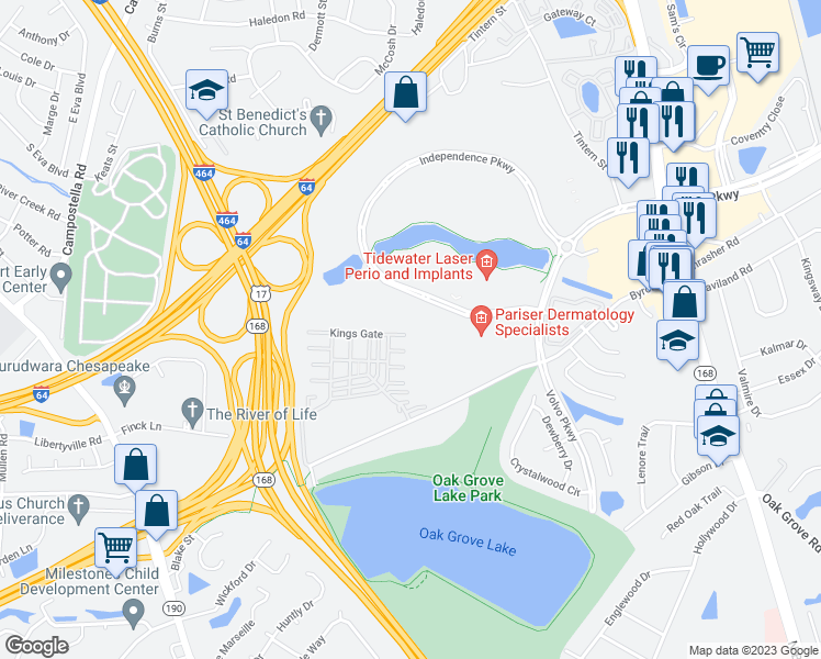 map of restaurants, bars, coffee shops, grocery stores, and more near 404 Kings Gate in Chesapeake