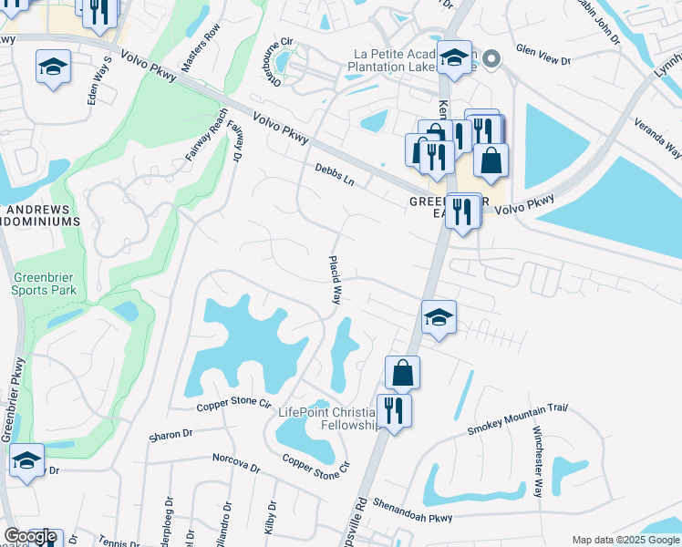 map of restaurants, bars, coffee shops, grocery stores, and more near 1225 Placid Way in Chesapeake