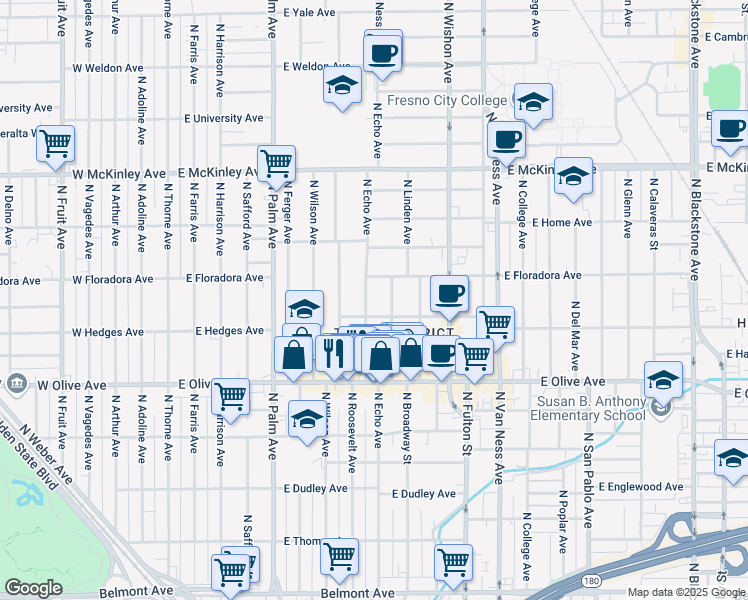 map of restaurants, bars, coffee shops, grocery stores, and more near 1347 North Echo Avenue in Fresno
