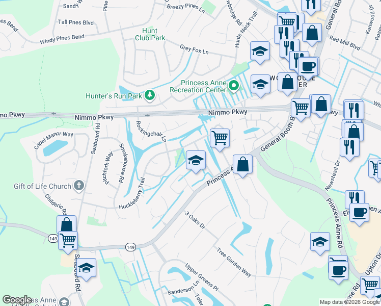 map of restaurants, bars, coffee shops, grocery stores, and more near 2204 Featherbed Court in Virginia Beach