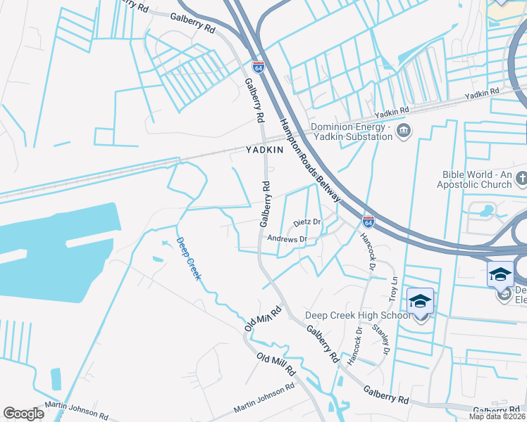 map of restaurants, bars, coffee shops, grocery stores, and more near 3305 Galberry Road in Chesapeake