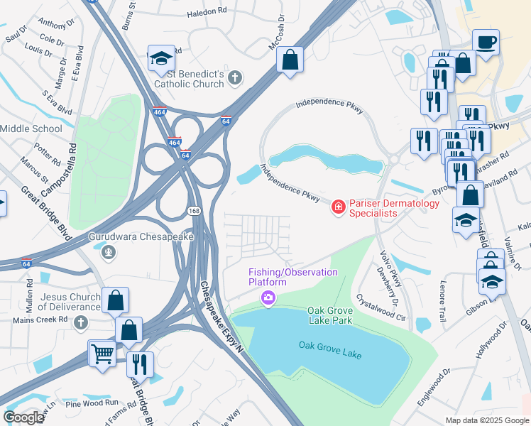 map of restaurants, bars, coffee shops, grocery stores, and more near 500 Kings Gate in Chesapeake