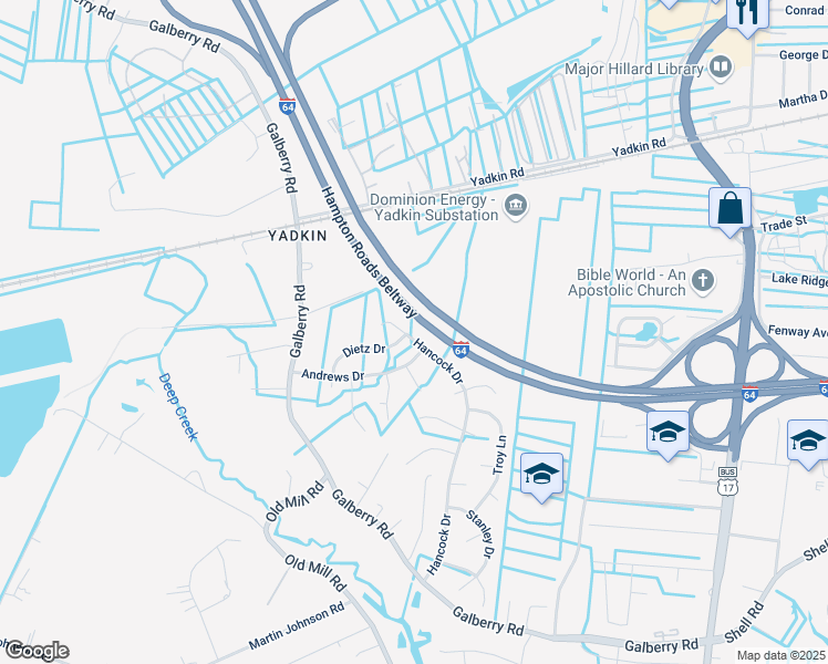 map of restaurants, bars, coffee shops, grocery stores, and more near 3241 Hancock Drive in Chesapeake