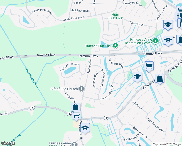 map of restaurants, bars, coffee shops, grocery stores, and more near 2280 Seaboard Road in Virginia Beach