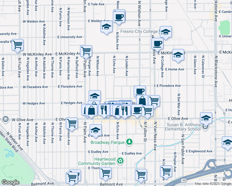 map of restaurants, bars, coffee shops, grocery stores, and more near 1347 North Echo Avenue in Fresno