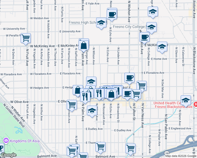 map of restaurants, bars, coffee shops, grocery stores, and more near 1358 North Wilson Avenue in Fresno