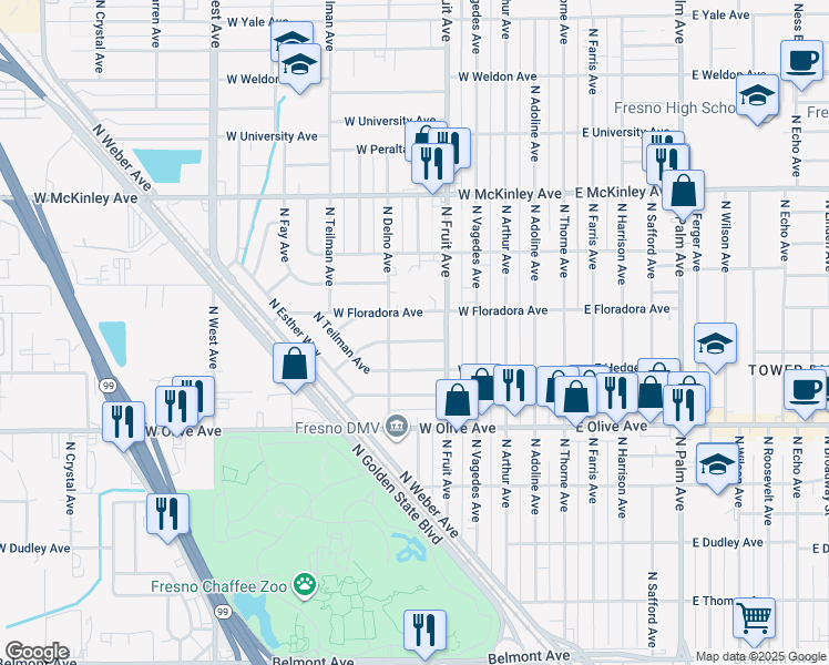 map of restaurants, bars, coffee shops, grocery stores, and more near 536 West Lamona Avenue in Fresno
