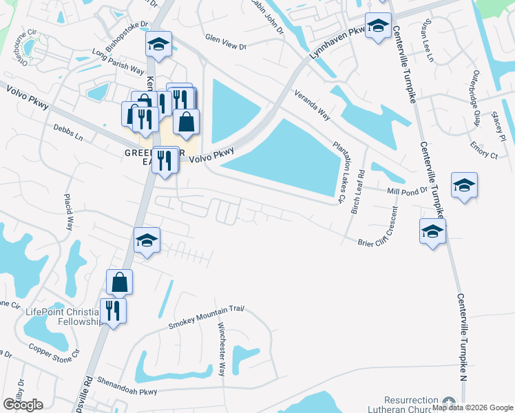 map of restaurants, bars, coffee shops, grocery stores, and more near 1400 Shortleaf Lane in Chesapeake