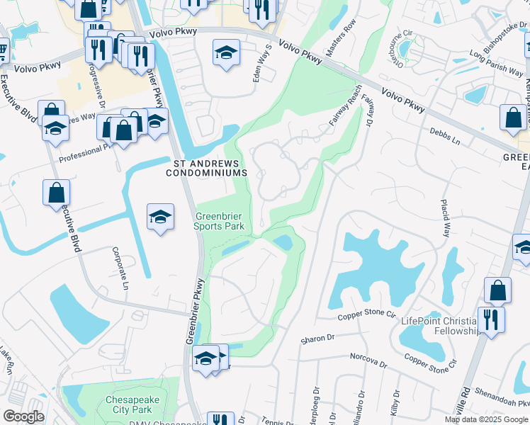 map of restaurants, bars, coffee shops, grocery stores, and more near 1005 Shoal Creek Trail in Chesapeake