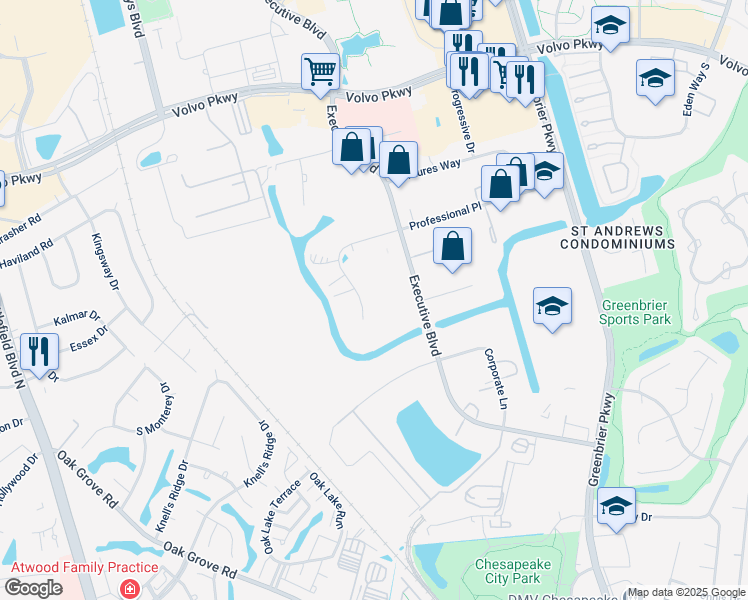 map of restaurants, bars, coffee shops, grocery stores, and more near 809 Professional Place West in Chesapeake