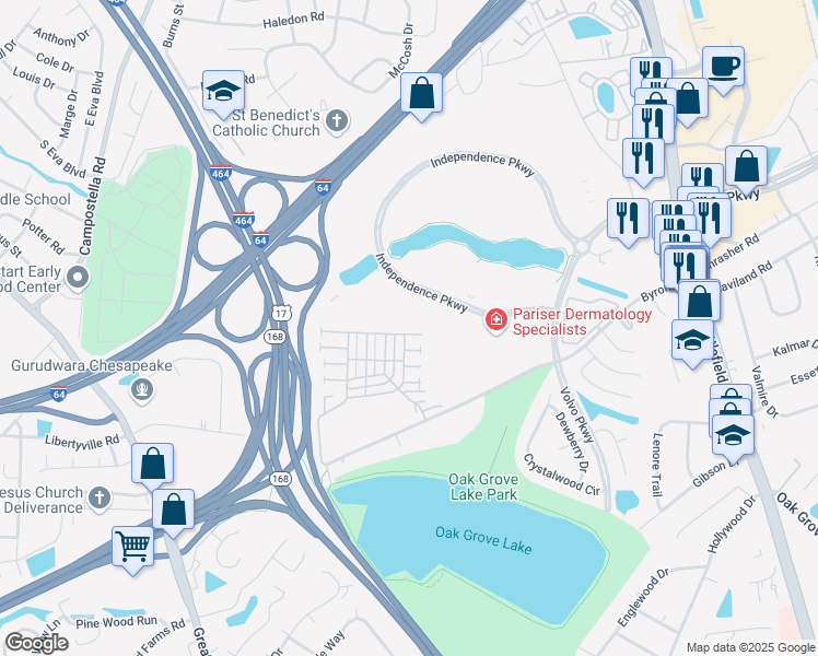 map of restaurants, bars, coffee shops, grocery stores, and more near 404 Kings Gate in Chesapeake
