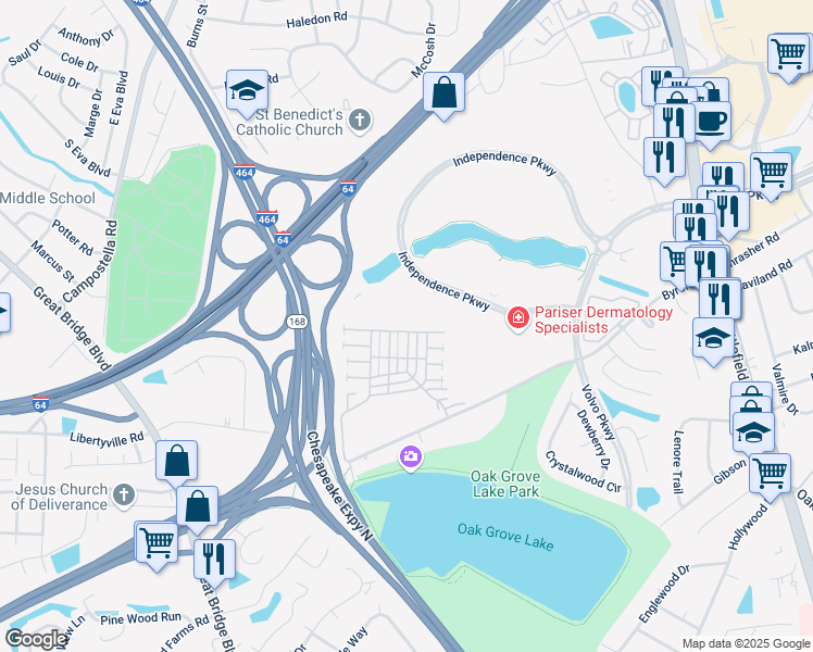 map of restaurants, bars, coffee shops, grocery stores, and more near 500 Kings Gate in Chesapeake