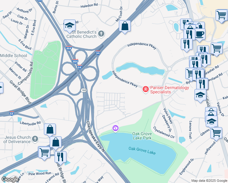 map of restaurants, bars, coffee shops, grocery stores, and more near 500 Kings Gate in Chesapeake