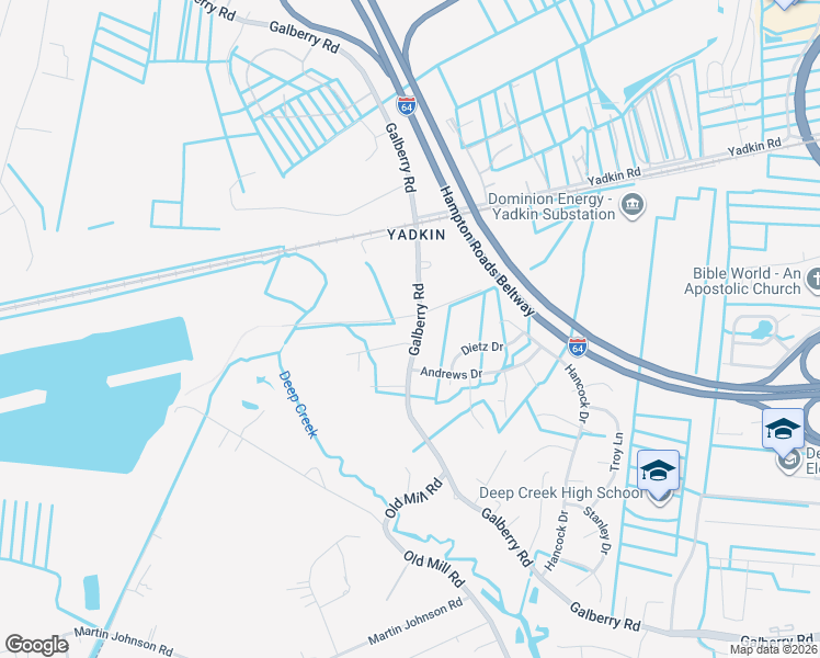 map of restaurants, bars, coffee shops, grocery stores, and more near 3305 Galberry Road in Chesapeake
