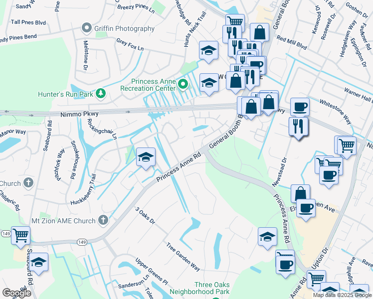 map of restaurants, bars, coffee shops, grocery stores, and more near 2208 Princess Anne Road in Virginia Beach