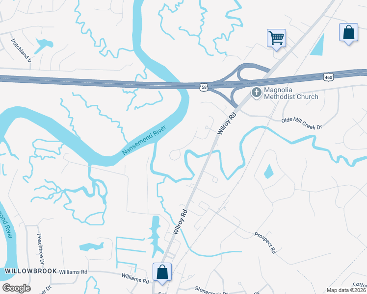 map of restaurants, bars, coffee shops, grocery stores, and more near 1522 River Creek Crescent in Suffolk