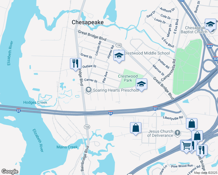 map of restaurants, bars, coffee shops, grocery stores, and more near 311 Carver Street in Chesapeake
