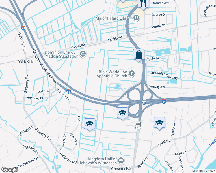 map of restaurants, bars, coffee shops, grocery stores, and more near 612 Annaka Loop in Chesapeake