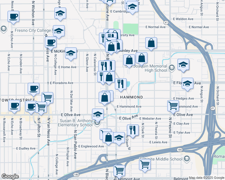 map of restaurants, bars, coffee shops, grocery stores, and more near 1357 North Abby Street in Fresno