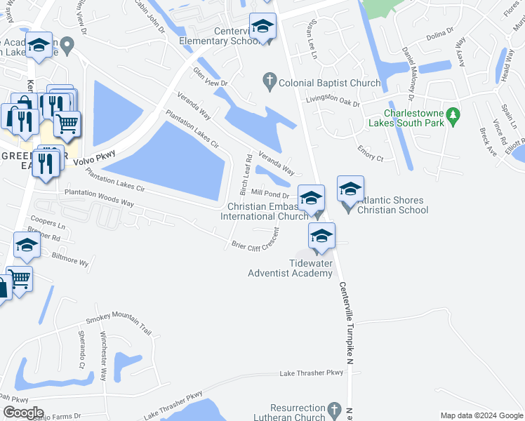 map of restaurants, bars, coffee shops, grocery stores, and more near 1998 Hickory Hollow Court in Chesapeake