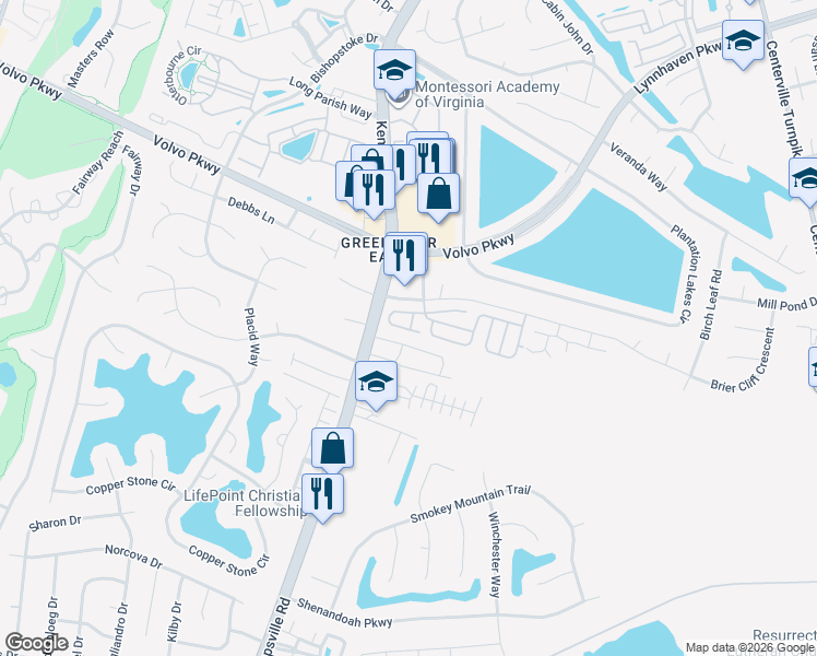 map of restaurants, bars, coffee shops, grocery stores, and more near 1300 Oak Ridge Ln in Chesapeake