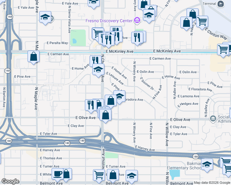 map of restaurants, bars, coffee shops, grocery stores, and more near 4839 East Floradora Avenue in Fresno