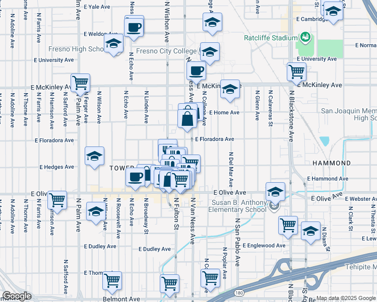 map of restaurants, bars, coffee shops, grocery stores, and more near 1355 North Van Ness Avenue in Fresno