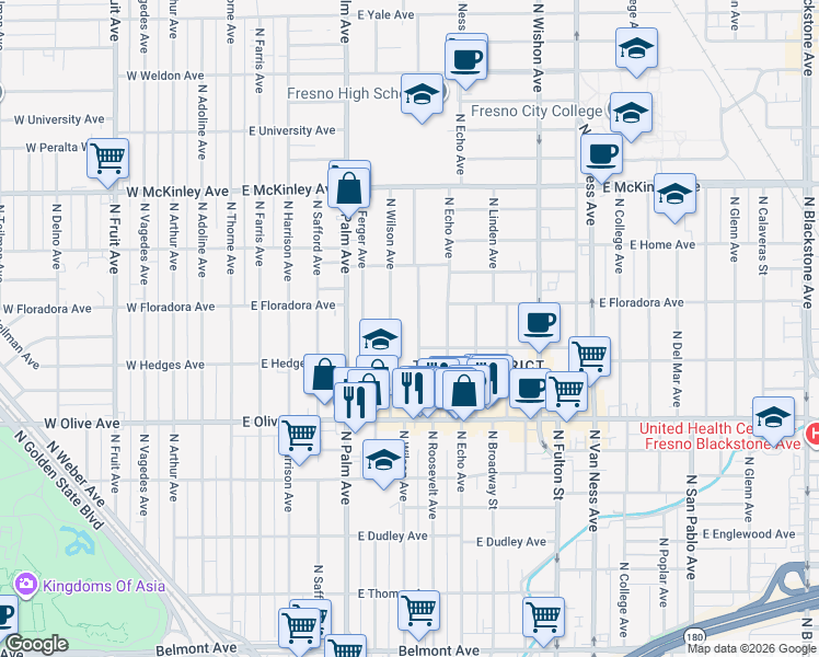 map of restaurants, bars, coffee shops, grocery stores, and more near 1358 North Wilson Avenue in Fresno