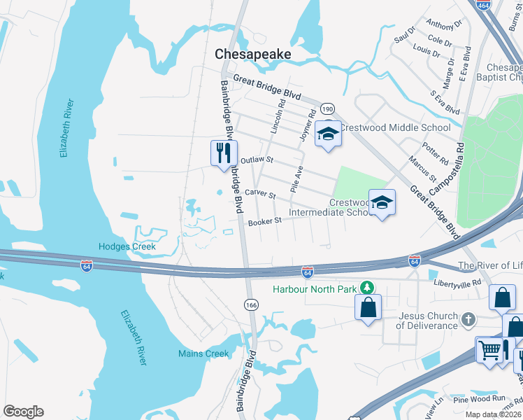 map of restaurants, bars, coffee shops, grocery stores, and more near 613 Tuskegee Avenue in Chesapeake
